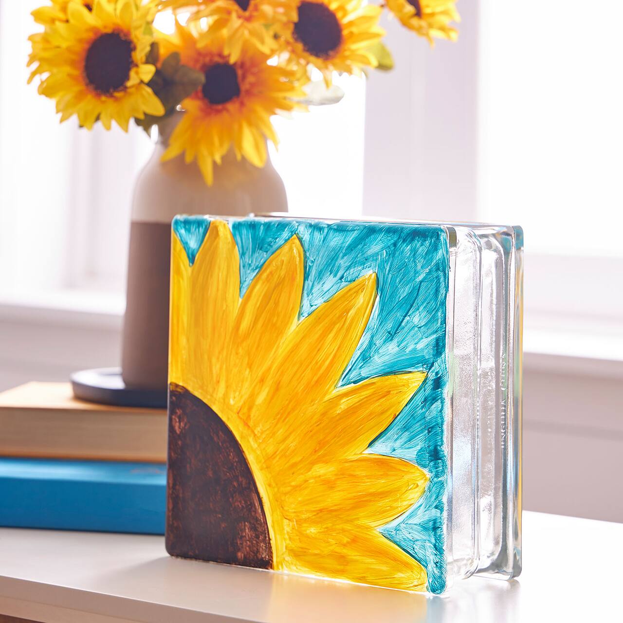 Sunflower Painted Glass Block